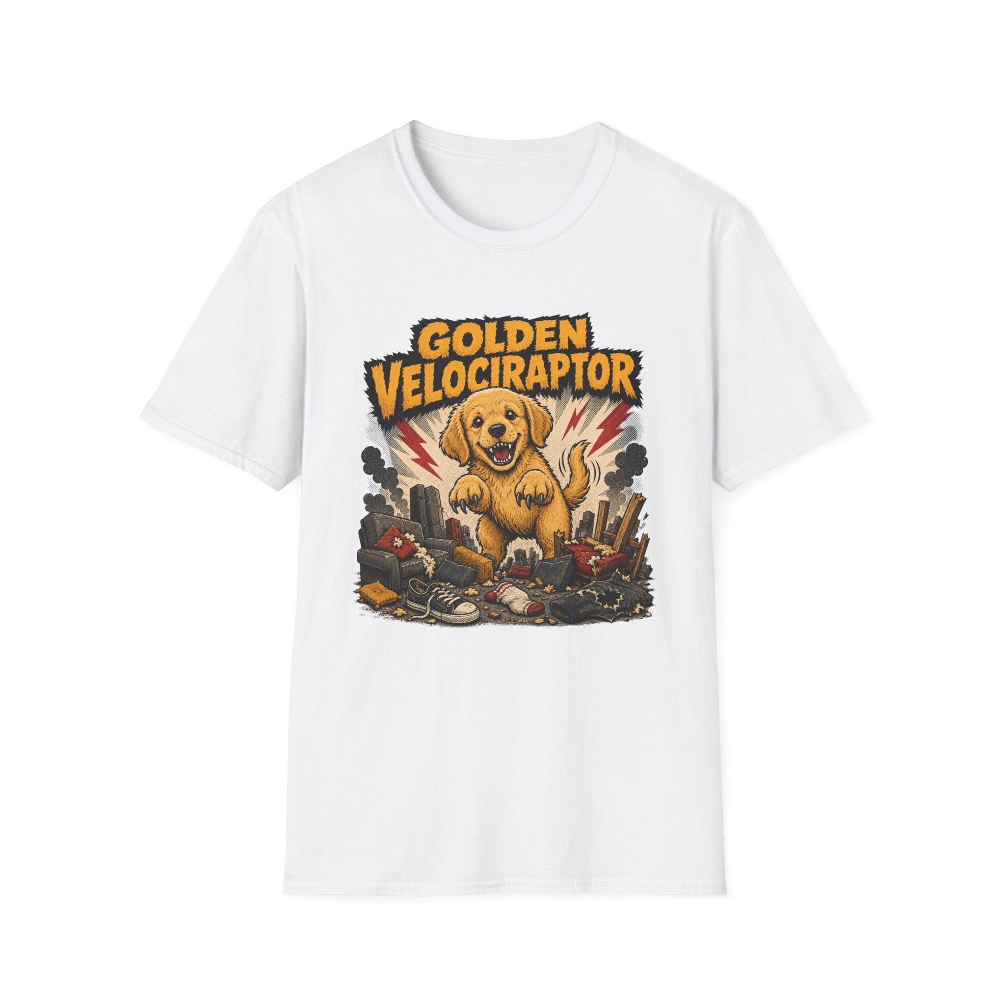 Comic Velociraptor Golden Retriever T-shirt