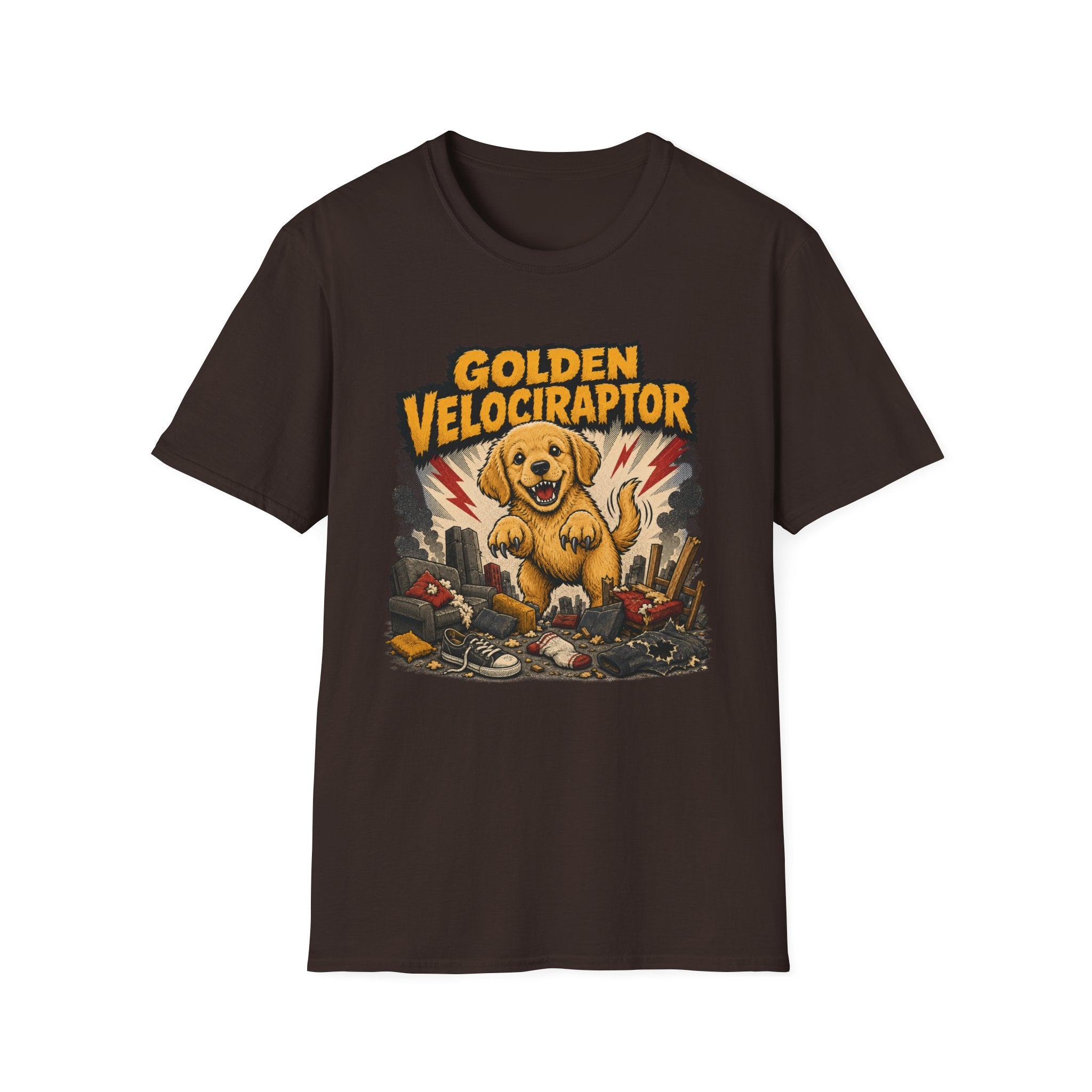 Comic Velociraptor Golden Retriever T-shirt