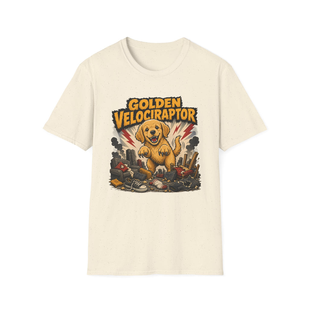 Comic Velociraptor Golden Retriever T-shirt