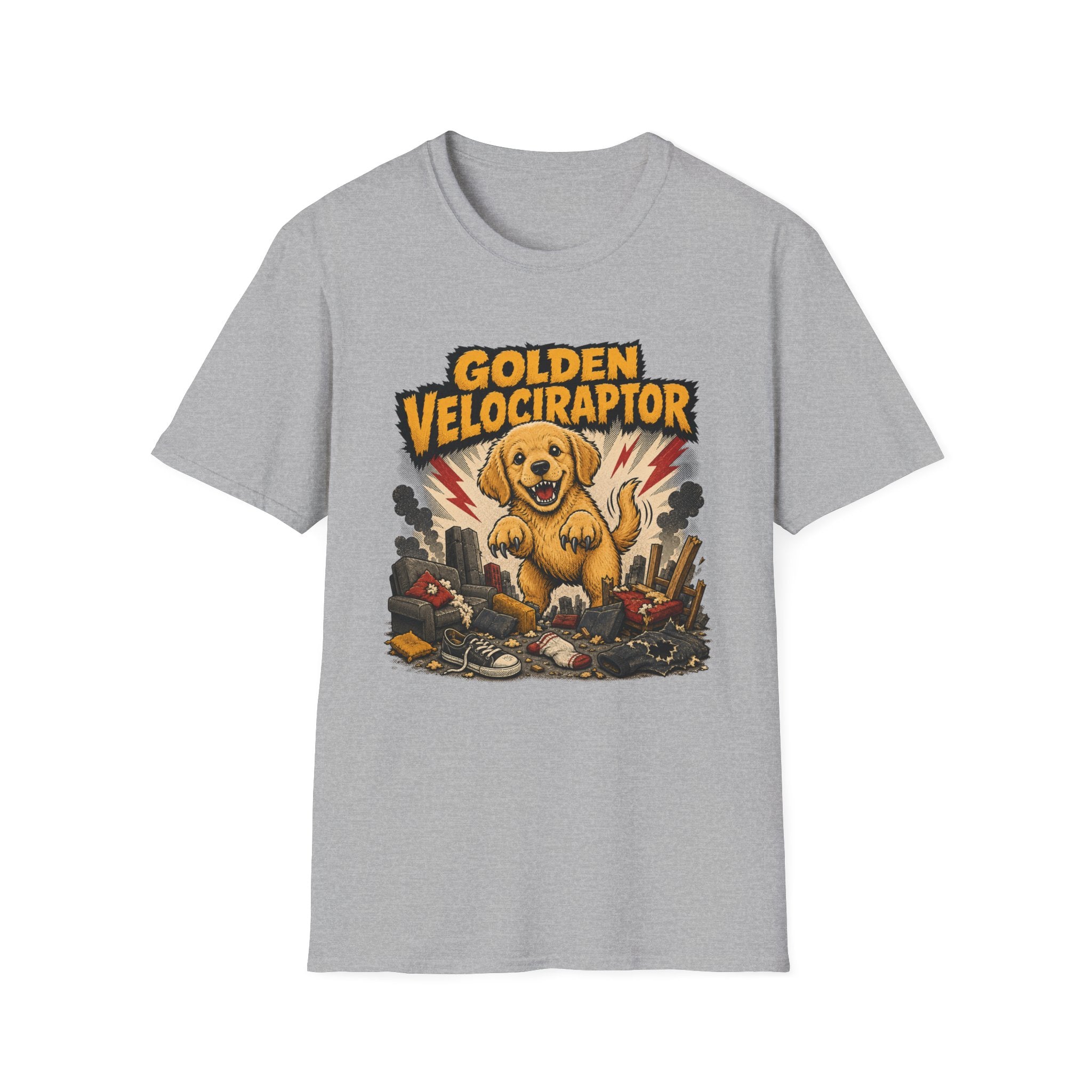 Comic Velociraptor Golden Retriever T-shirt