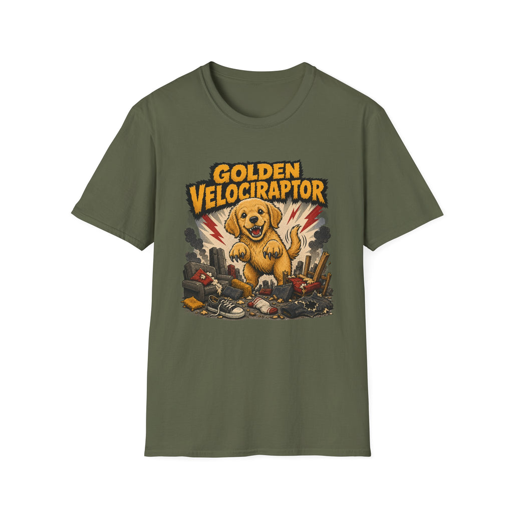 Comic Velociraptor Golden Retriever T-shirt