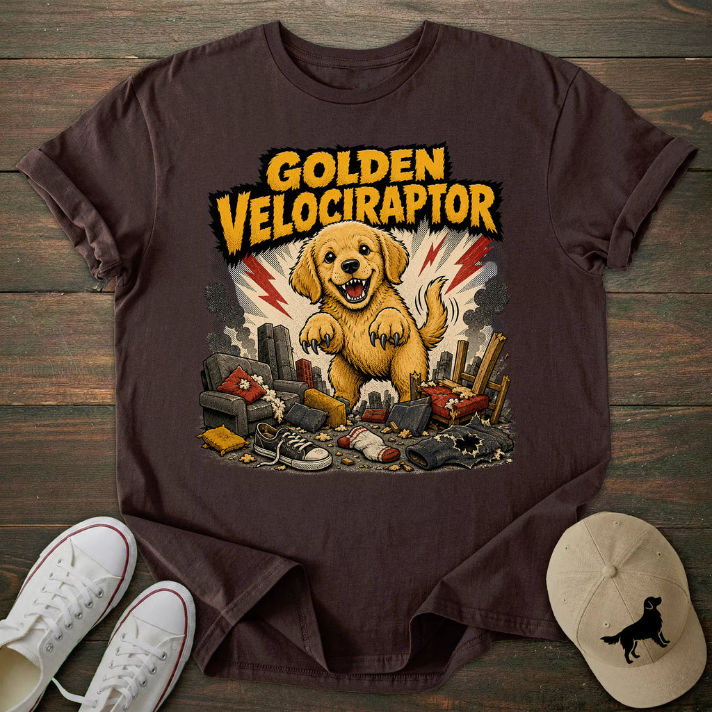 Comic Velociraptor Golden Retriever T-shirt